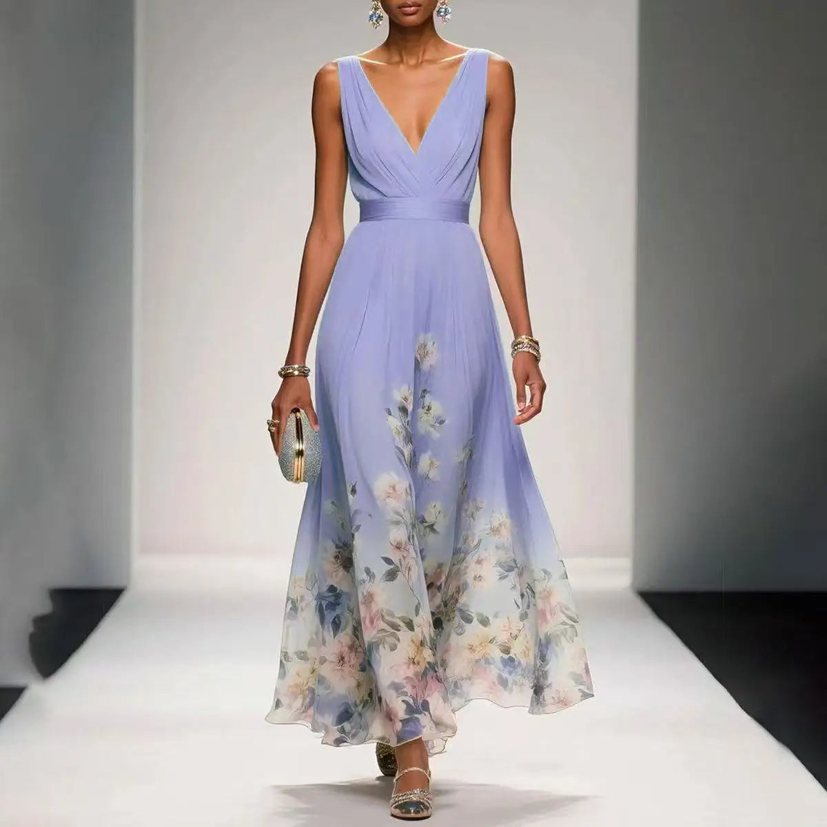 Womens Boho Halter Hollow Vacation Dresses Spring Floral Print High Waist A-Line Pleated Dress Summer Sleeveless Long Maxi Dress