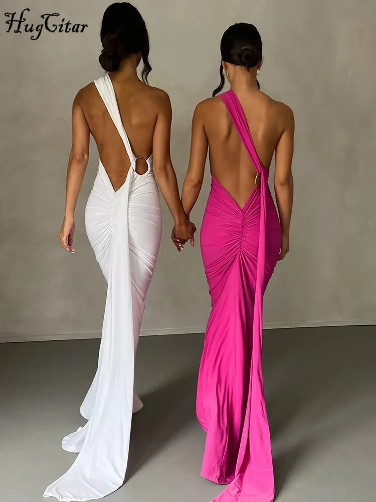 Hugcitar One Shoulder Backless Adjustable Scarf Loop Ruched Sexy Maxi Dress 2025 Women Elegant Y2K Streetwear Festival Outfit