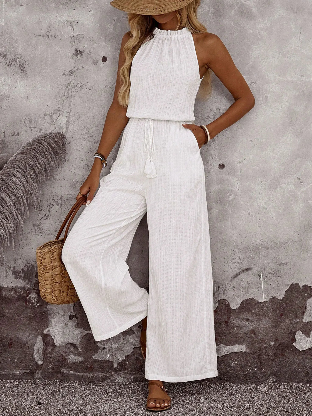 Jumpsuits for Women New Summer Sleeveless Halter Jumpsuit Women Casual White Lace-up Wide-leg Jumpsuit Women Elegance 2026 Q4123