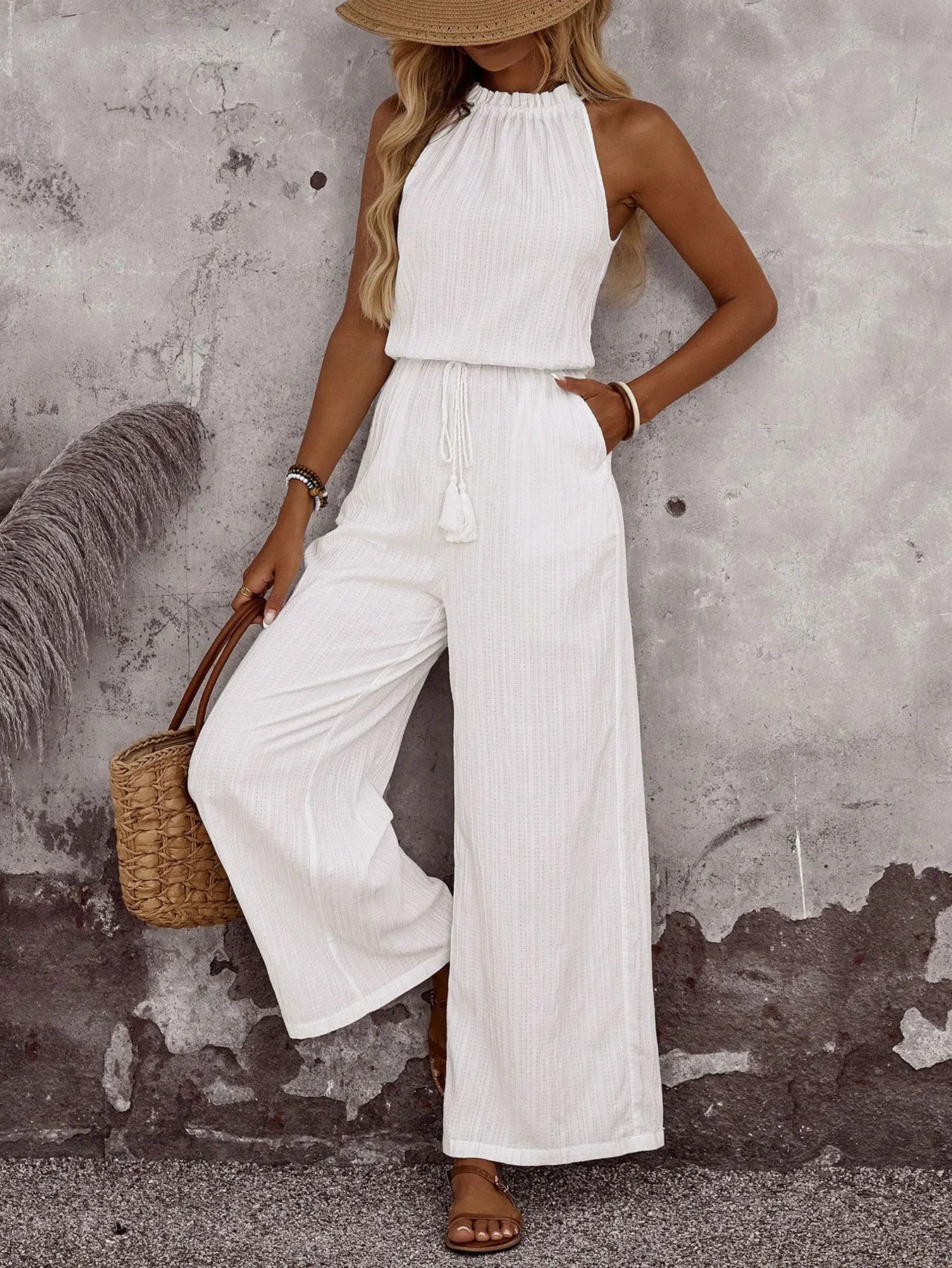 Jumpsuits for Women New Summer Sleeveless Halter Jumpsuit Women Casual White Lace-up Wide-leg Jumpsuit Women Elegance 2026 Q4123