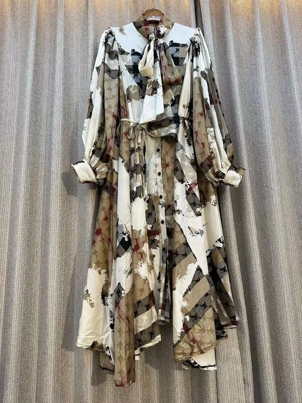 Clearance Temperament Women Lantern Long Sleeves O-Neck Slim Single Breasted Print Maxi Dress Elegant Vintage Chic Spring Dress