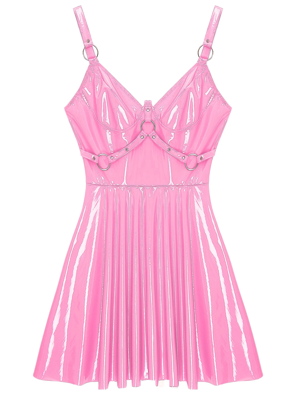 Womens Sexy Wet Look Patent Leather Slip Dress O-Ring Rivets Strappy V Neck Gothic Punk A-Line Mini Dresses Rave Party Clubwear