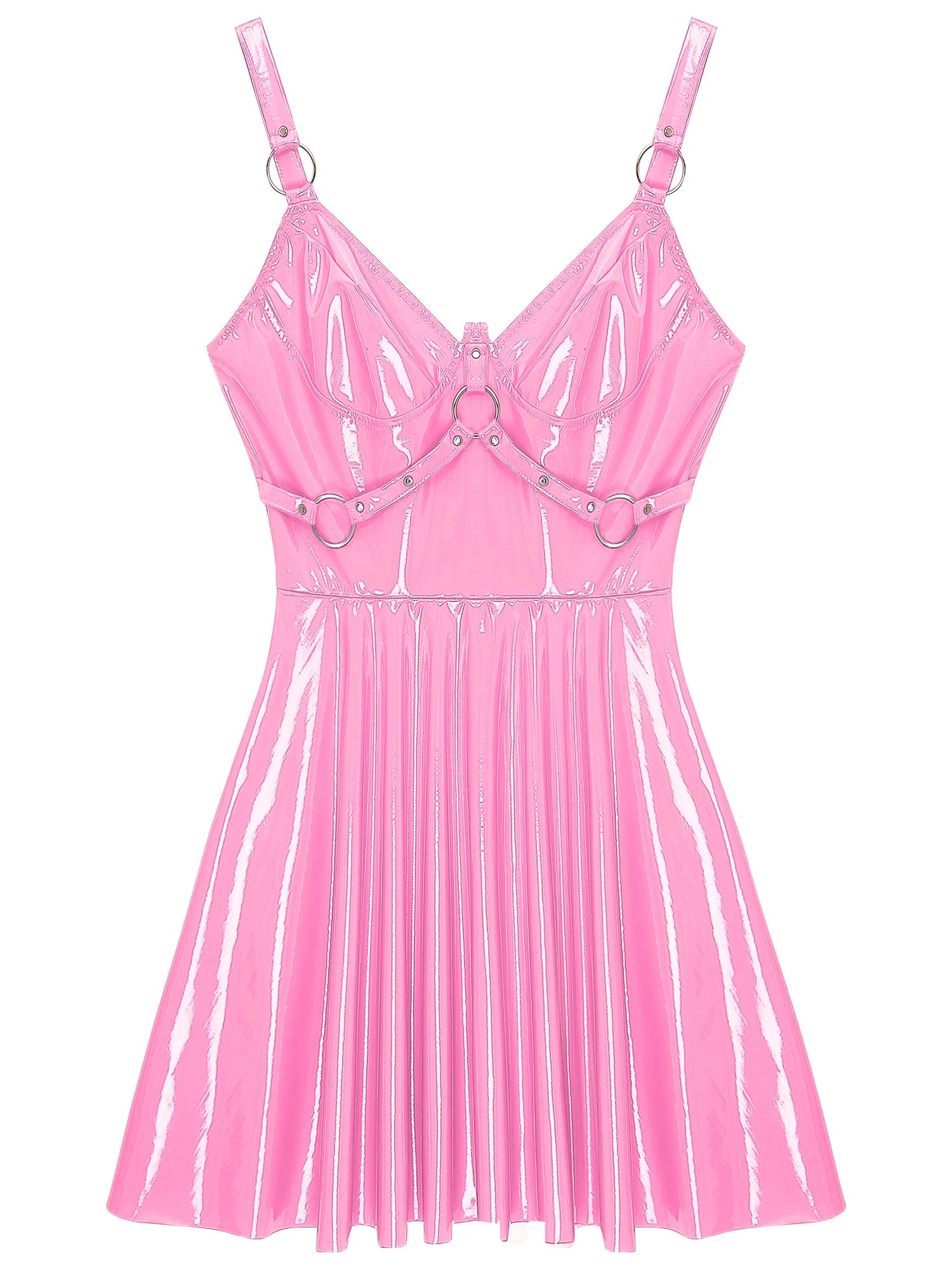 Womens Sexy Wet Look Patent Leather Slip Dress O-Ring Rivets Strappy V Neck Gothic Punk A-Line Mini Dresses Rave Party Clubwear
