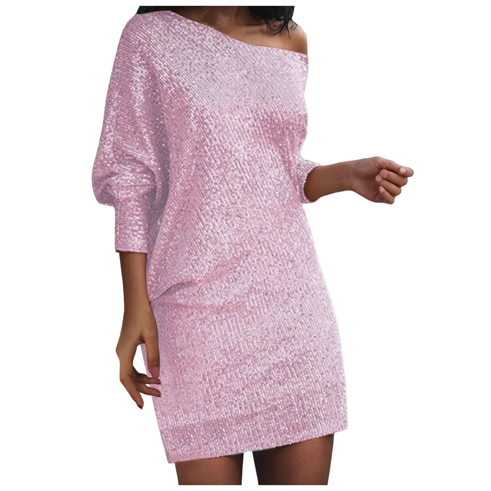 Sequined Party Dresses Women's Sexy One Shoulder Ankle Length Midi Dress Pullover Solid Color Evening Club Party Dress For Women