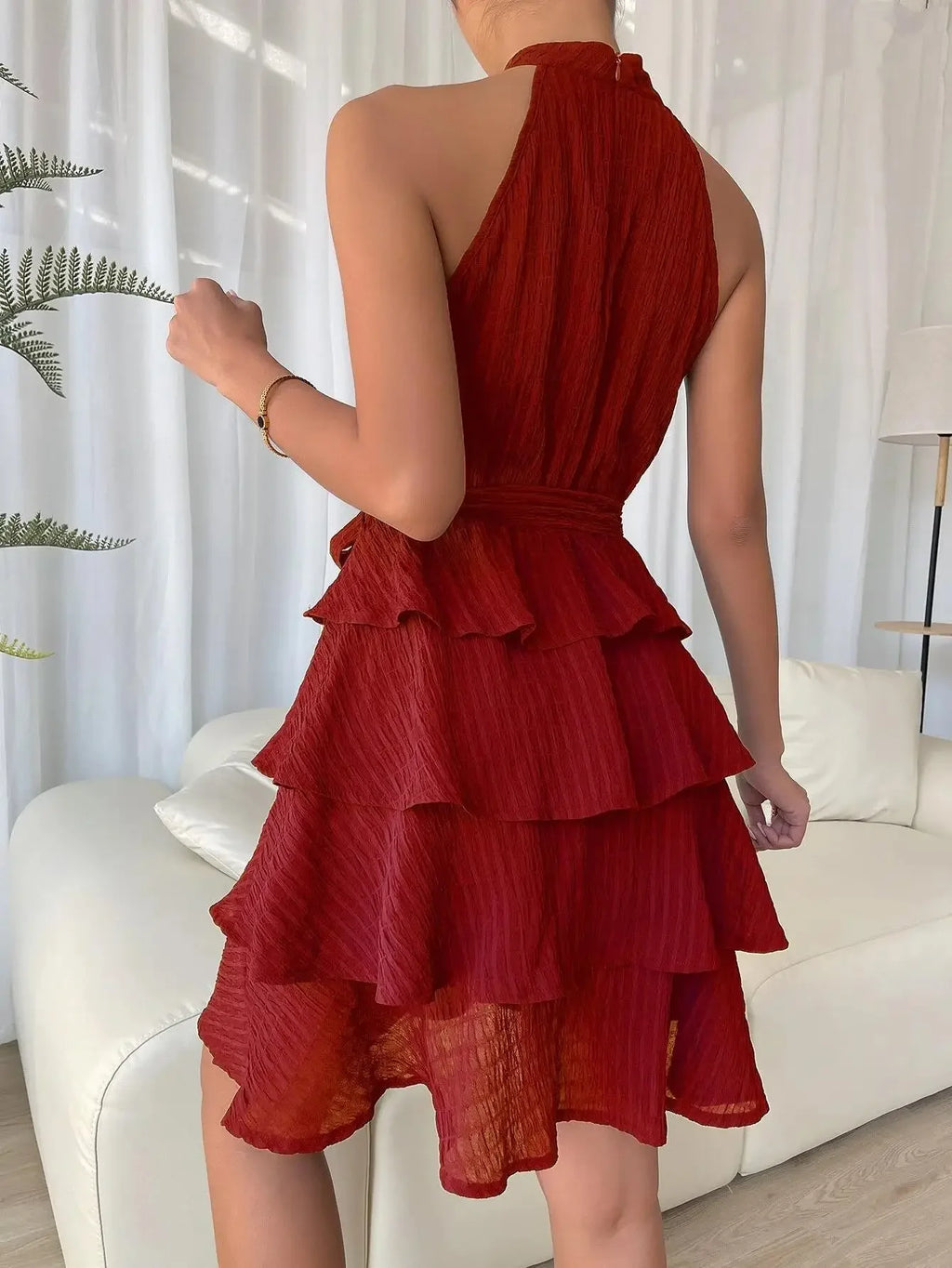 Women's Red Mini Dress Vestidos 2025 Summer Fashion Sexy Style Halter Sleeveless Ruffle Edge Tied Woman Dresses Women Sundress