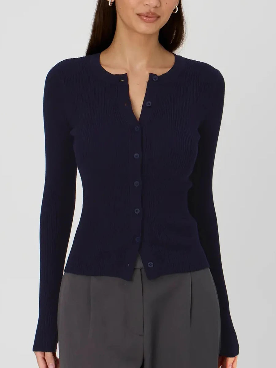 Women's Ribbed Cardigan Tops Spring Fall Solid Color Long Sleeve Round Neck Button Up Cropped Sweaters Female Casual Pullovers