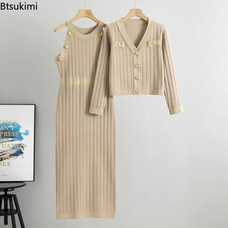 French Style Dress Sets Women's High Waist Knitted Two-pieces Sweater Tant Dress and Coats Spring Autumn Fashion Elegant Outfits