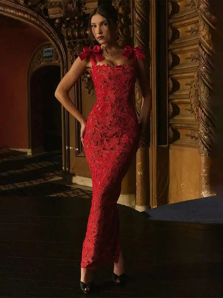 Townlike Hollow Out Slim Bodycon Christmas Dress Women 2024 Summer Dress Bow Embroidery Maxi Long Sexy Party Dresses