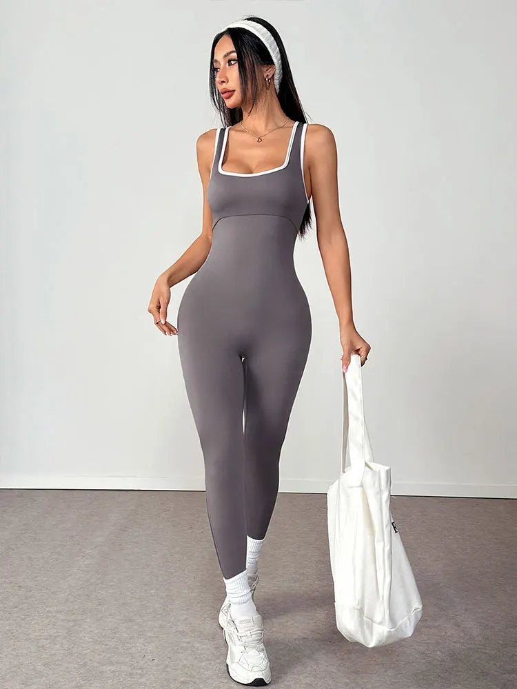 Summer New Solid-Color Jumpsuit With Contrasting Details Fitted Top Flared Pants—Sexy Casual Backless Women's Jumpsuit Clothing