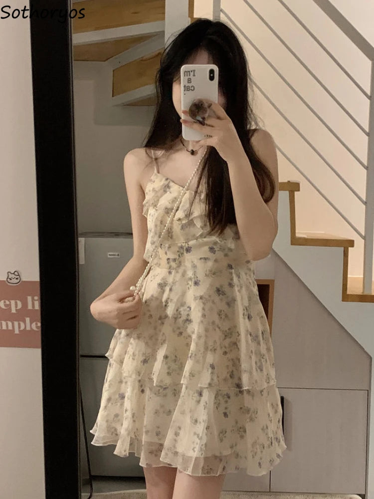 Mini Dresses Women Floral Tender Sleeveless Designed Kawaii Schoolgirls Korean Style Fashion Leisure Vacation Summer Vestidos