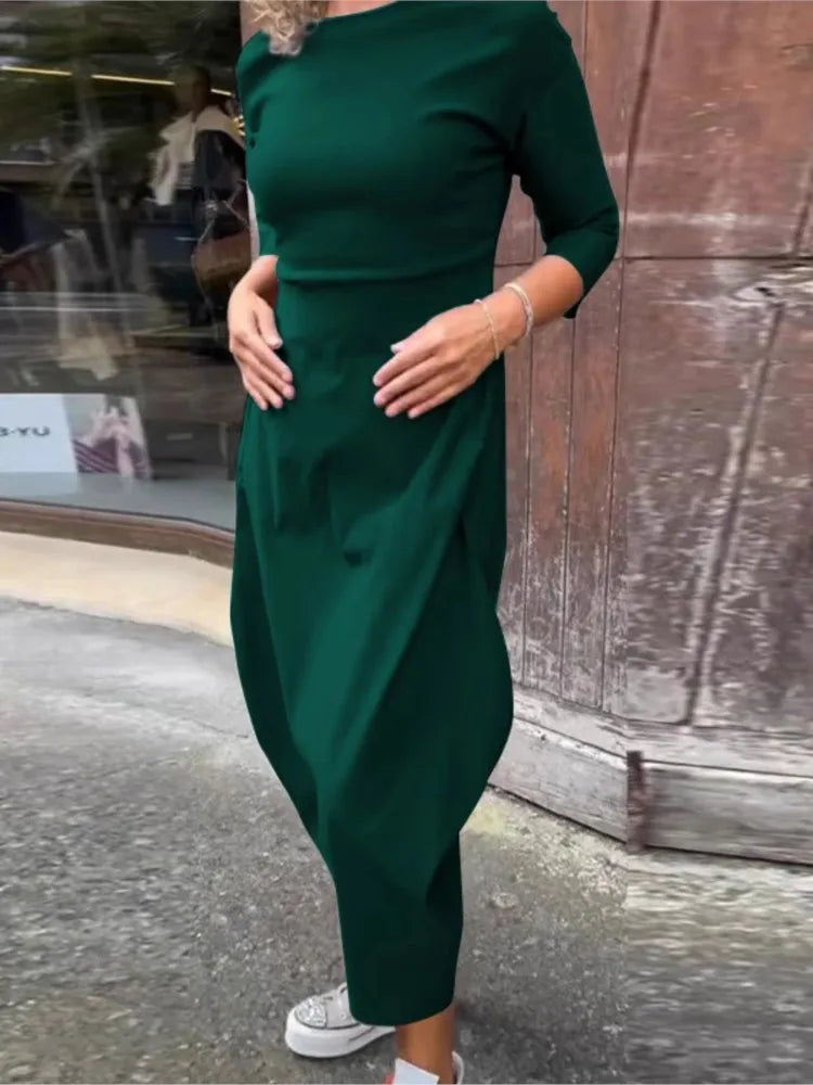 Dress For Women Slouchy Fashion Solid Color Long Dresses Loose Round Neck Long Sleeve Vintage Comfortable Vestidos Para Mujer