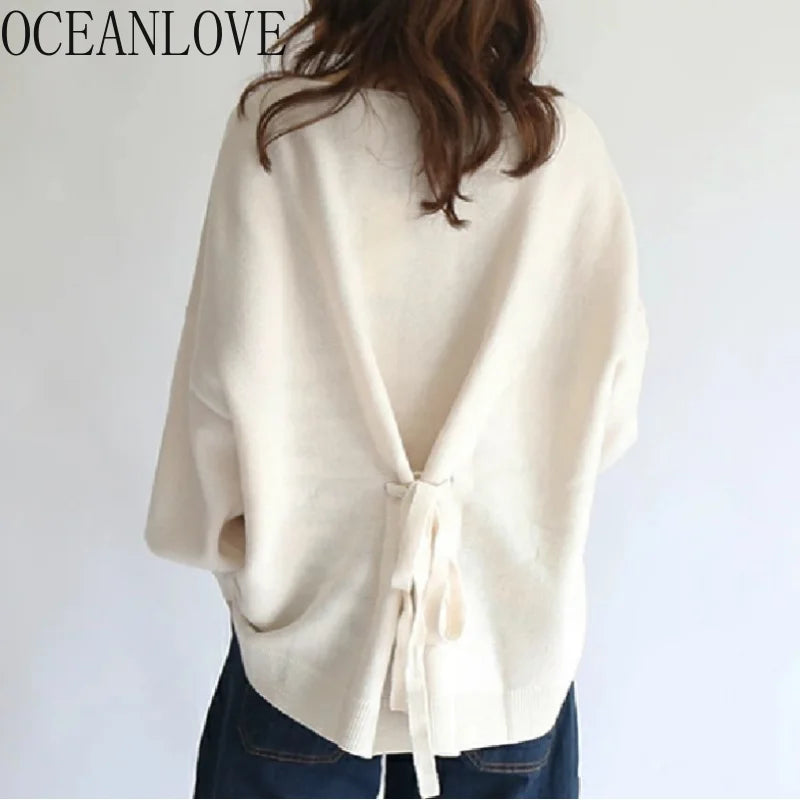 OCEANLOVE Hoodie Japan Style Back Bandage Loose Autumn Winter Sweatshirts Elegant Solid Casual All Match Women Hoodies