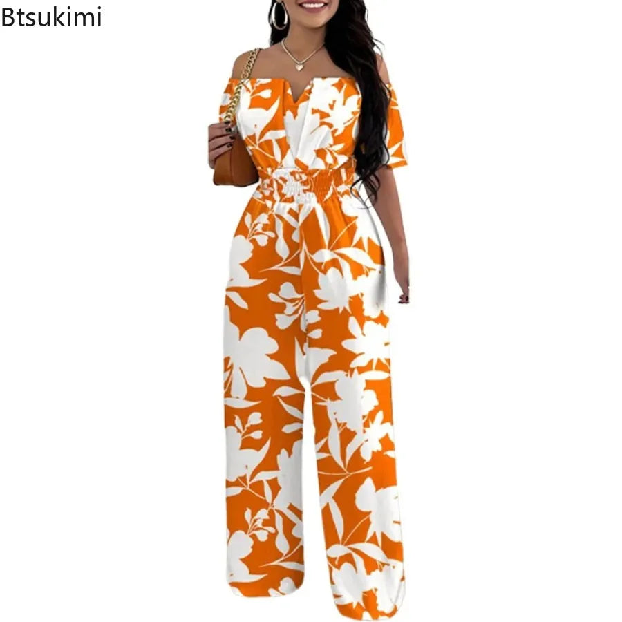 2026 Jumpsuits for Women Summer Fashion Off Shoulder Casual Short Sleeve Wide Leg Rompers Sexy Slim Ladies Overalls Streetwear