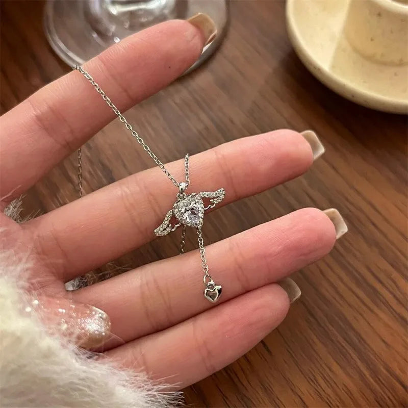 2PCS 925 Sterling Silver Heart Angel Wings Pendant Choker Necklaces for Woman Girls Party Jewelry Accessories Jewellery Women