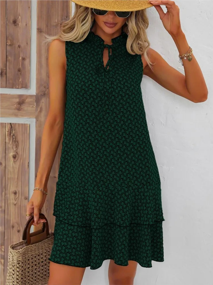 Dresses For Women Bohemia Dress Mini Dress Elegant  Printed V-neck Lace-up Small 2026 Women's Casual Loose Ruffle Mini Dress