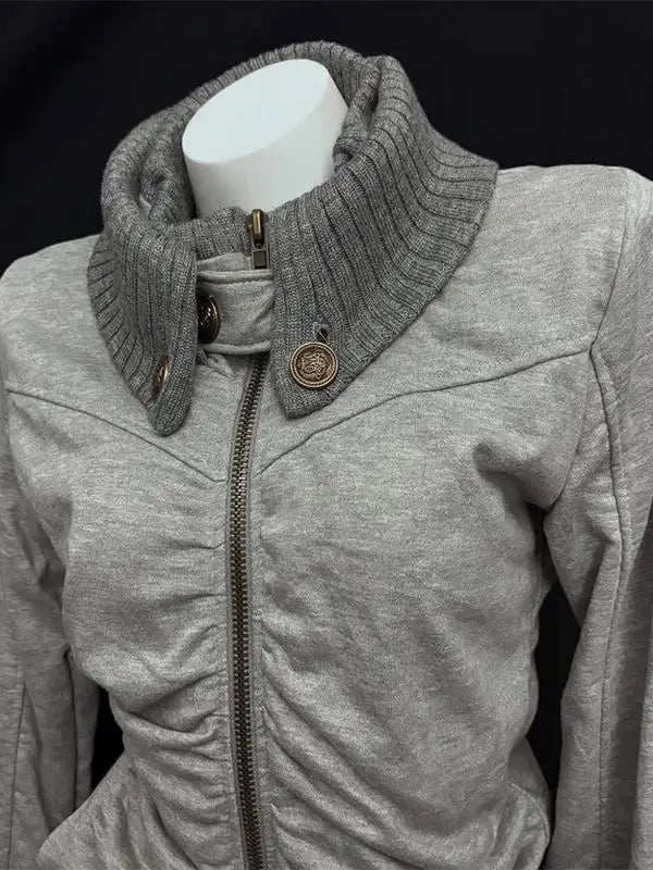 American Street Style Retro Pleated Turtleneck Zipper Hoodie Womens Grey Oversized Hoodie with Ribbed Cuffs Y2K Style Jacket