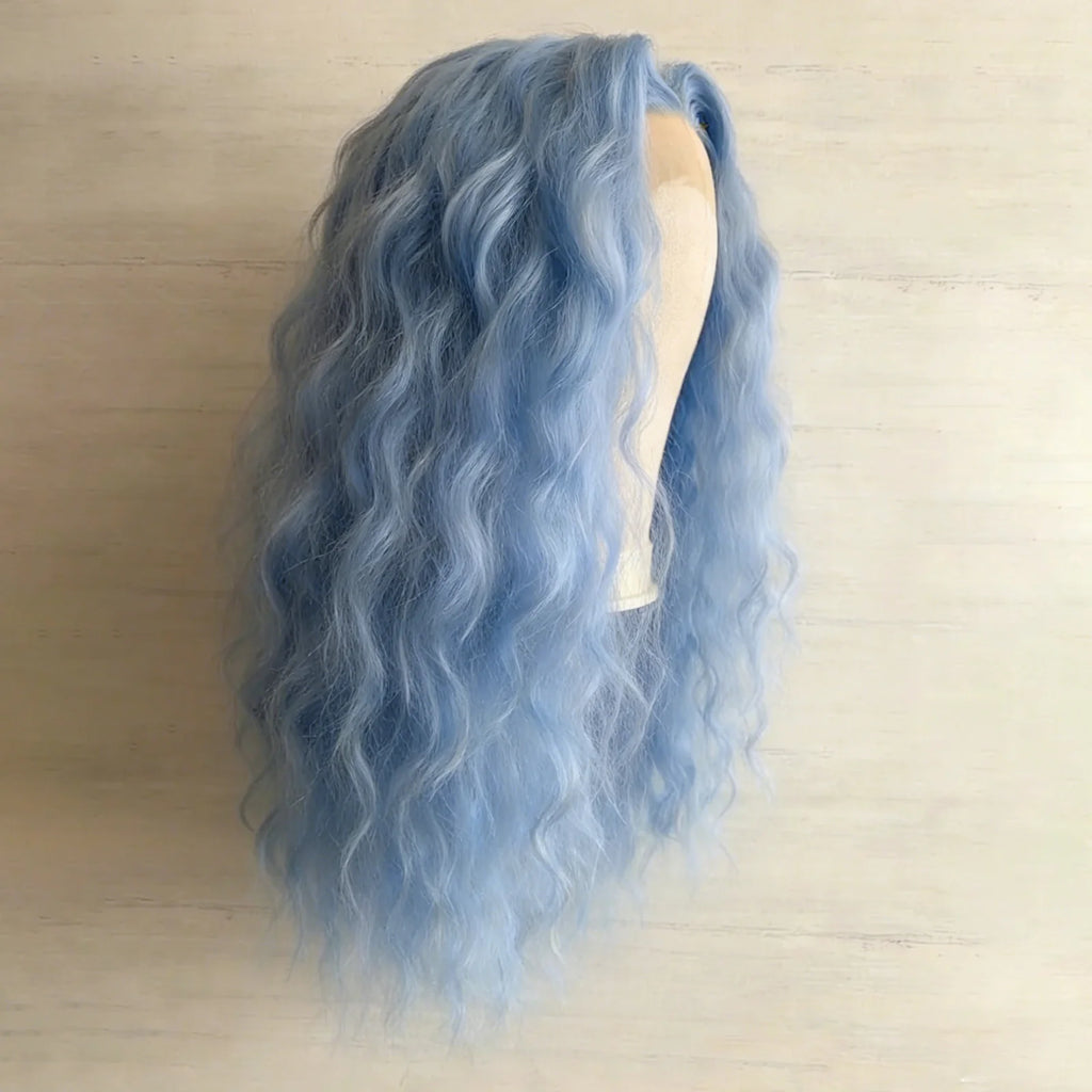 Light Blue Natural Wave Long Curly Wavy Synthetic 13X4 Lace Front Wigs for Women Pre Plucked Natural Hairline Cosplay Party