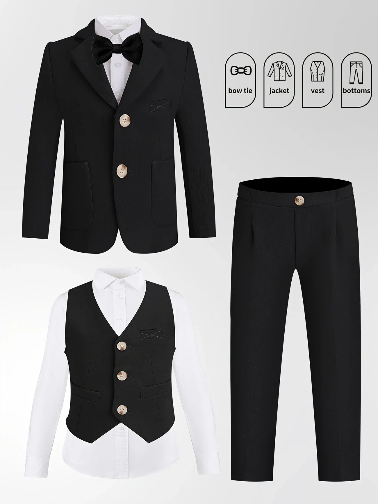 Gentleman Kids Spring White 4Pieces/Set Jacket Vest Pants Bowtie 4Pieces Wedding Suit Boys Photography Dress Children Costume