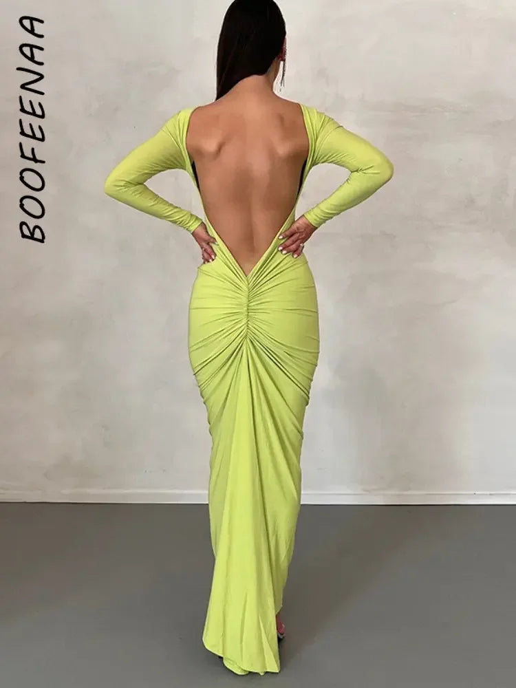 BOOFEENAA Pleated Open Back Long Sleeve Maxi Dress for Birthday Women Black White Elegant Evening Gown Party Dresses C15-BI37