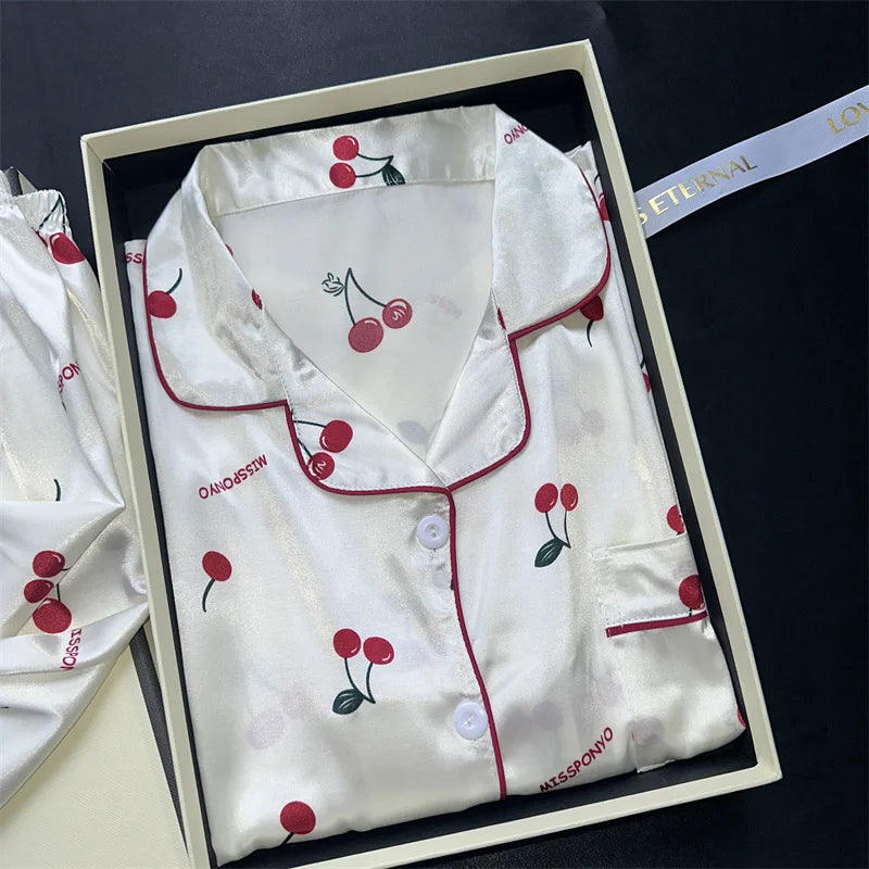 Cherry Print Silk Pajamas Set for Women Summer Short Sleeve Shirt and Shorts Two Pieces Sleepwear Homewear Nightwear