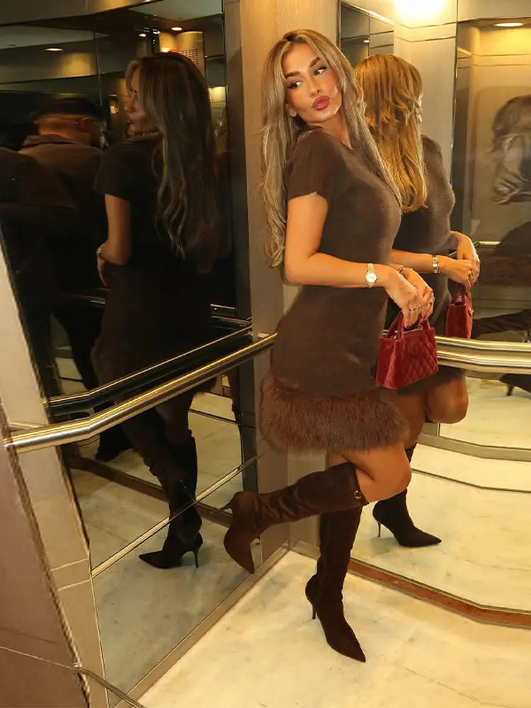 Sexy Fur Patchwork Party Dress Women Brown Slim Short Sleeve O-neck Short Dresses 2025 Fashion Evening Solid Robe Lary