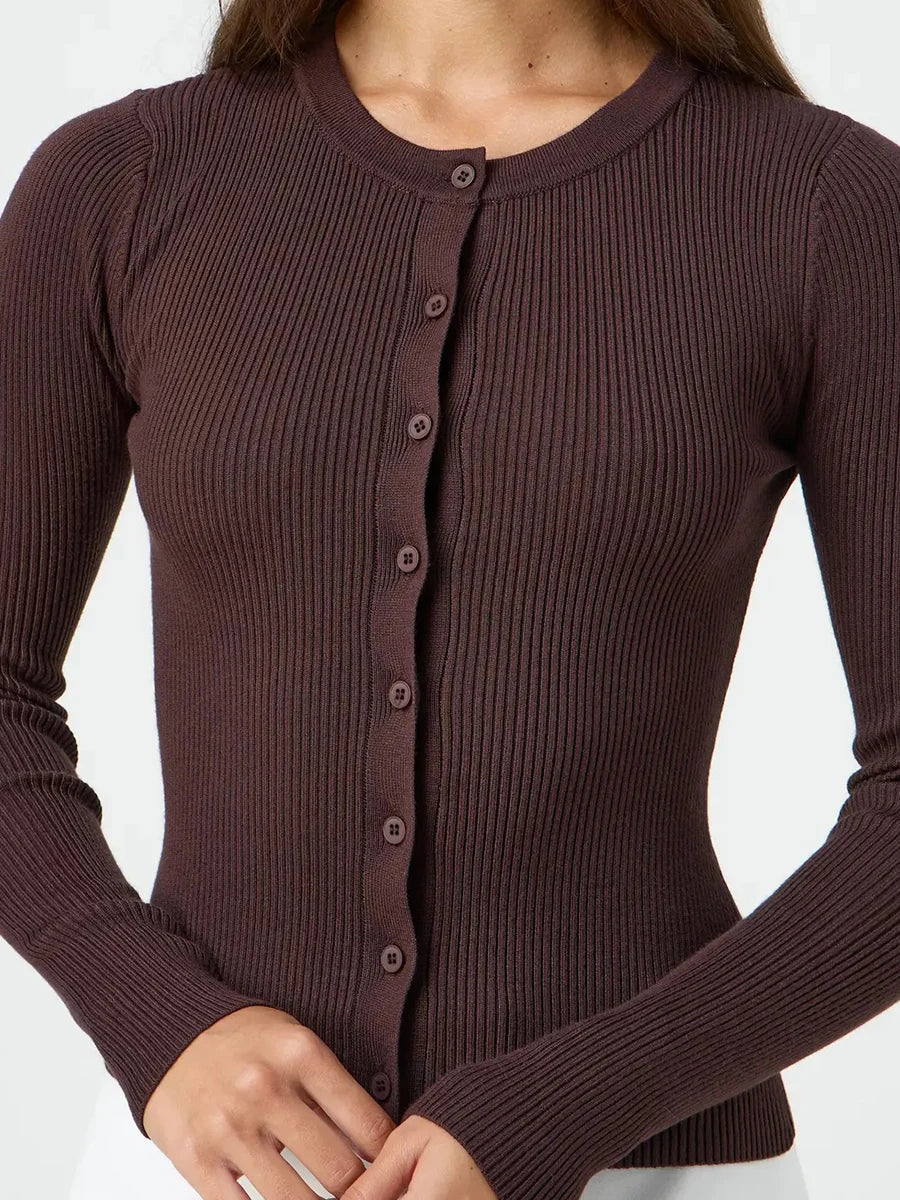 Women's Ribbed Cardigan Tops Spring Fall Solid Color Long Sleeve Round Neck Button Up Cropped Sweaters Female Casual Pullovers