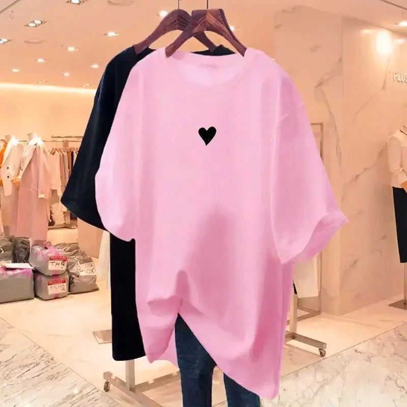 Plus Size Women Casual Loose Pure Top Tees Basic Solid Short Sleeve Pullovers Summer Love Printed Short Sleeve Vintage Tee Shirt