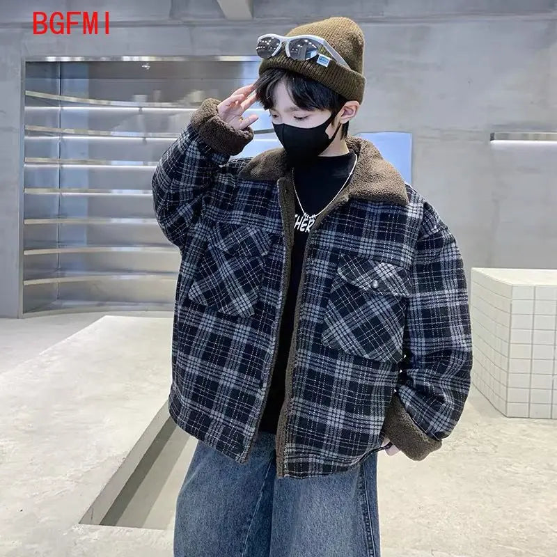 2026 Winter New Children Warm Grid Lapel Coat Plus Velvet Thick Girls Woolen Jacket Boys Cotton Fleece Coat Teenage Kids Jacket