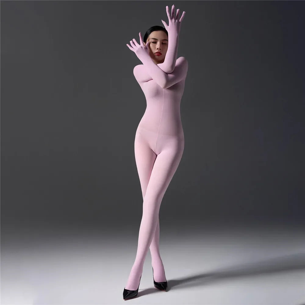 Women's Jumpsuit With Hooded High Elastic Unitard Oil  Shiny Glossy Sexy Bodysuit Five Finger Gloves Tights Skinny Shaper Wear