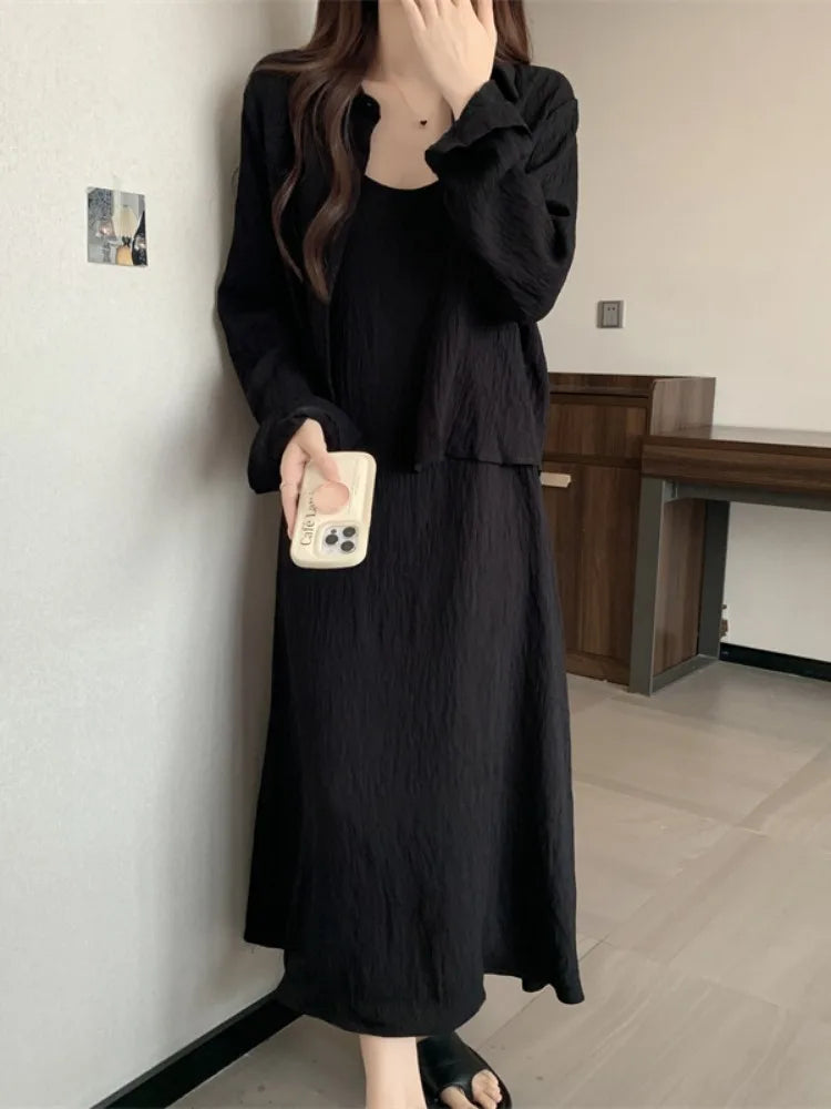 plus Size Summer Long Sve irt Early Spring New Sle Slimming Meat Covering Ele Strap Dr Two Piece Set Women's Cl...