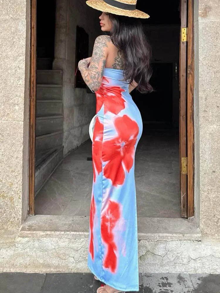 Sexy Strapless Print Tube Maxi Dress Women Off Shoulder Backless Stretch Long Sundress 2025 Summer Beach Y2K Clothes