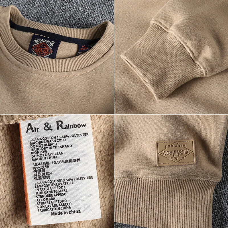 Autumn Winter American Retro Heavyweight Velvet Solid Color Sweatershirt Men's Fashion Pure Cotton Washed Youth Pullover Hoodies