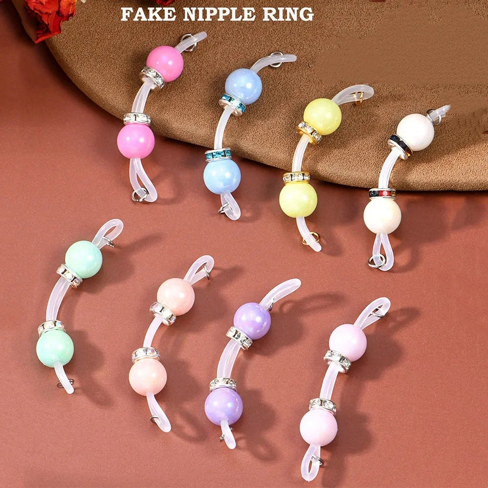 1Pair Fake Nipple Rings,Adjustable Fit Daily Wear Nipple Nooses,8mm Candy Beads, Faux Nipple Piercing Non Pierce Faux Barbells