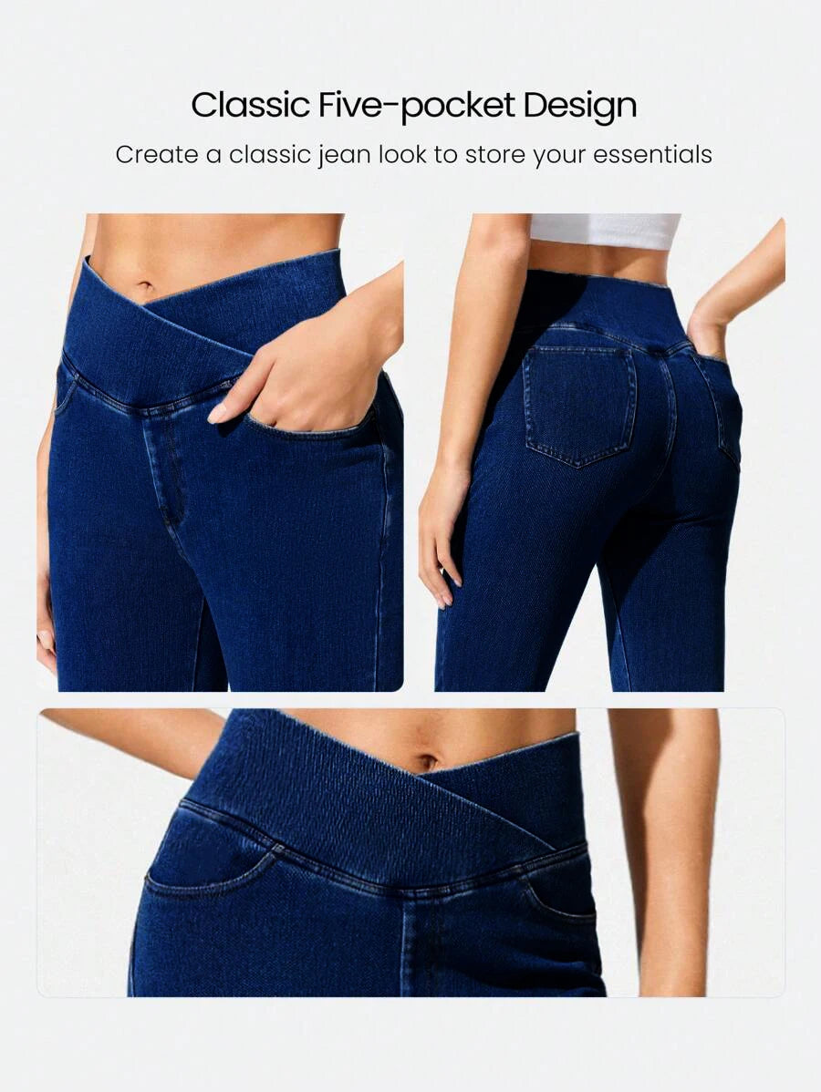 Versatile Slimming Jeans Spring/Summer New Style High Stretch Cross Waist Flare Jeans For Women Hip Enhancing Knitted Jeans