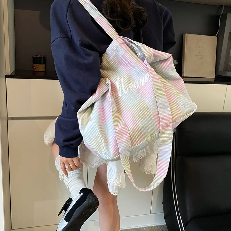 2025 Summer New Trends Striped Plaid Tote Bags For Women Cotton Fabric Letter Prints Large Capacity Shoulder Shopper Student Bag