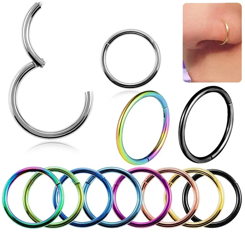 5pc 6/8/10mm Nose Ring Hinged Clicker Segment Nose Rings Helix Cartilage Septum Hoop Surgical Stainless Steel Seamless Earrings