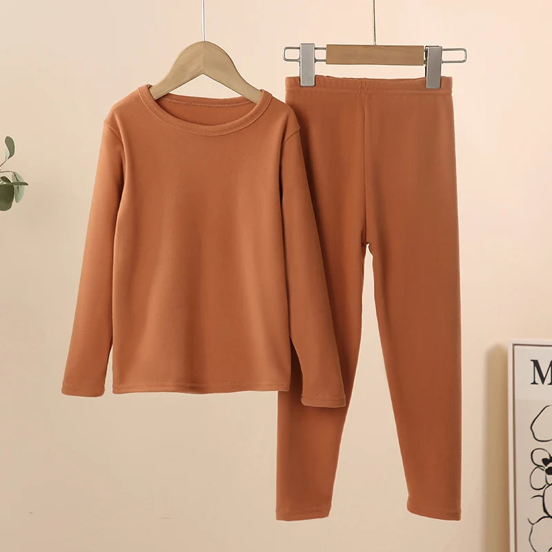 Children's solid color warm suit boys and girls grinding wool autumn clothes and trousers 2-piece home clothes plus size