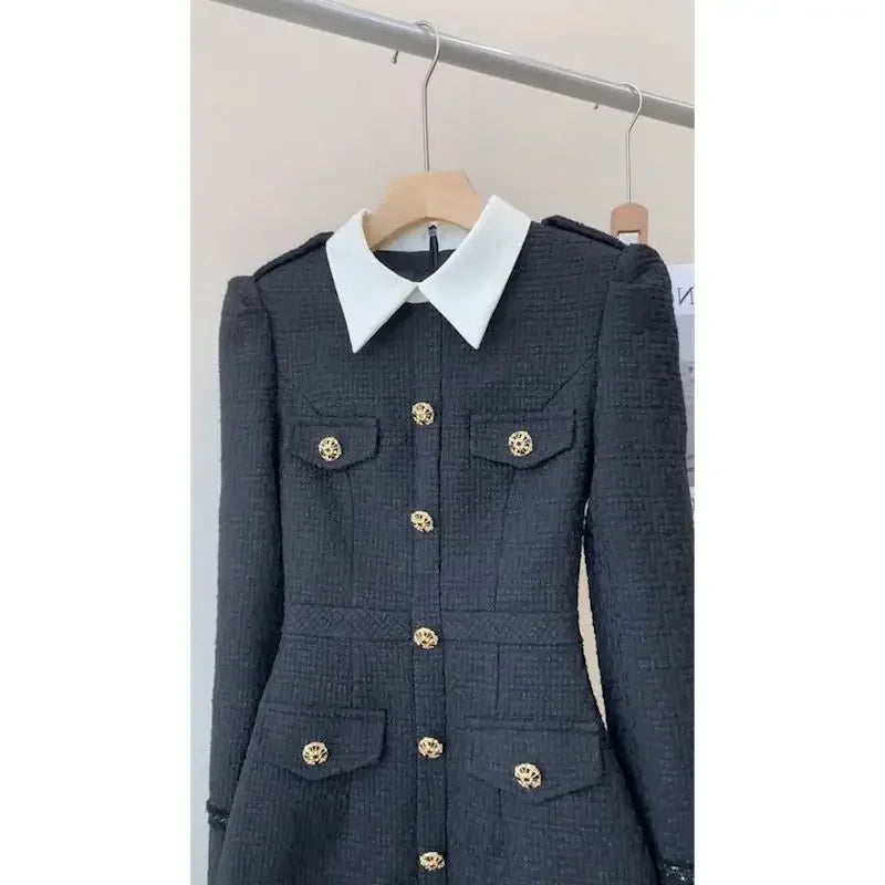 French High end Black Dress Autumn New Korean Fashion Commuter Polo Neck Long Sleeve Slimming A-line Mini Dresses for Women