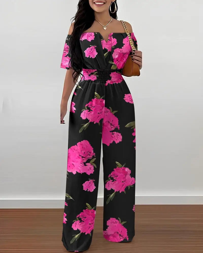 Jumpsuits for Women 2025 Spring Fashion Off Shoulder Casual Plain Short Sleeve Shirred Waist Daily Long Wide Leg Jumpsuit 2025