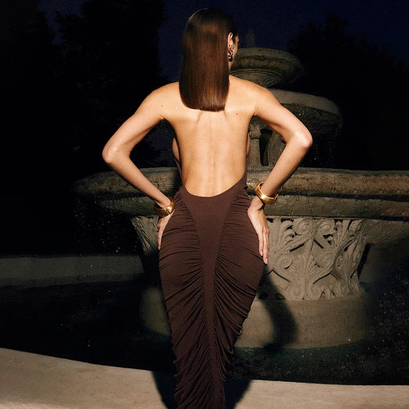 TARUXY Halter Pleated Maxi Dress For Women Sleeveless Sexy Backless Dress High Street Evening Party Clothes Bodycon Fashion