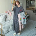Summer Pajama Dress Female Short-Sleeved Cartoon Home Wear Lengthened Plus Size Striped Student Pajamas Easy To Wash Long