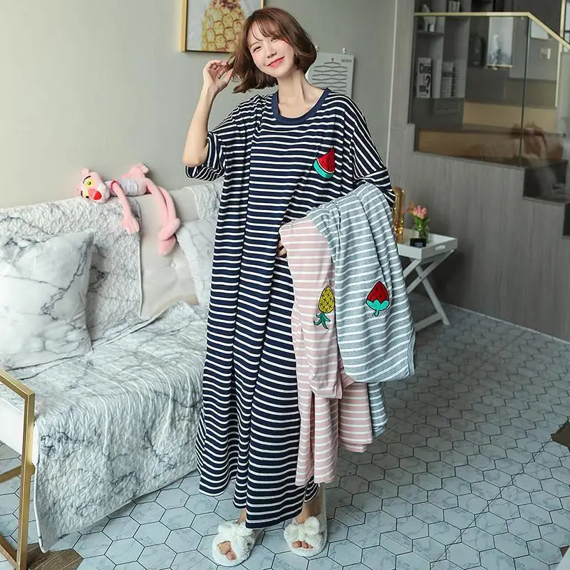 Summer Pajama Dress Female Short-Sleeved Cartoon Home Wear Lengthened Plus Size Striped Student Pajamas Easy To Wash Long