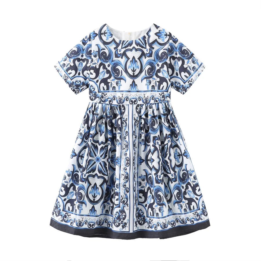 New Design Girls Dress Children Retro Short Sleeve Princess Dresses Kids Summer Printed Birthday Clothing Cotton Costumes