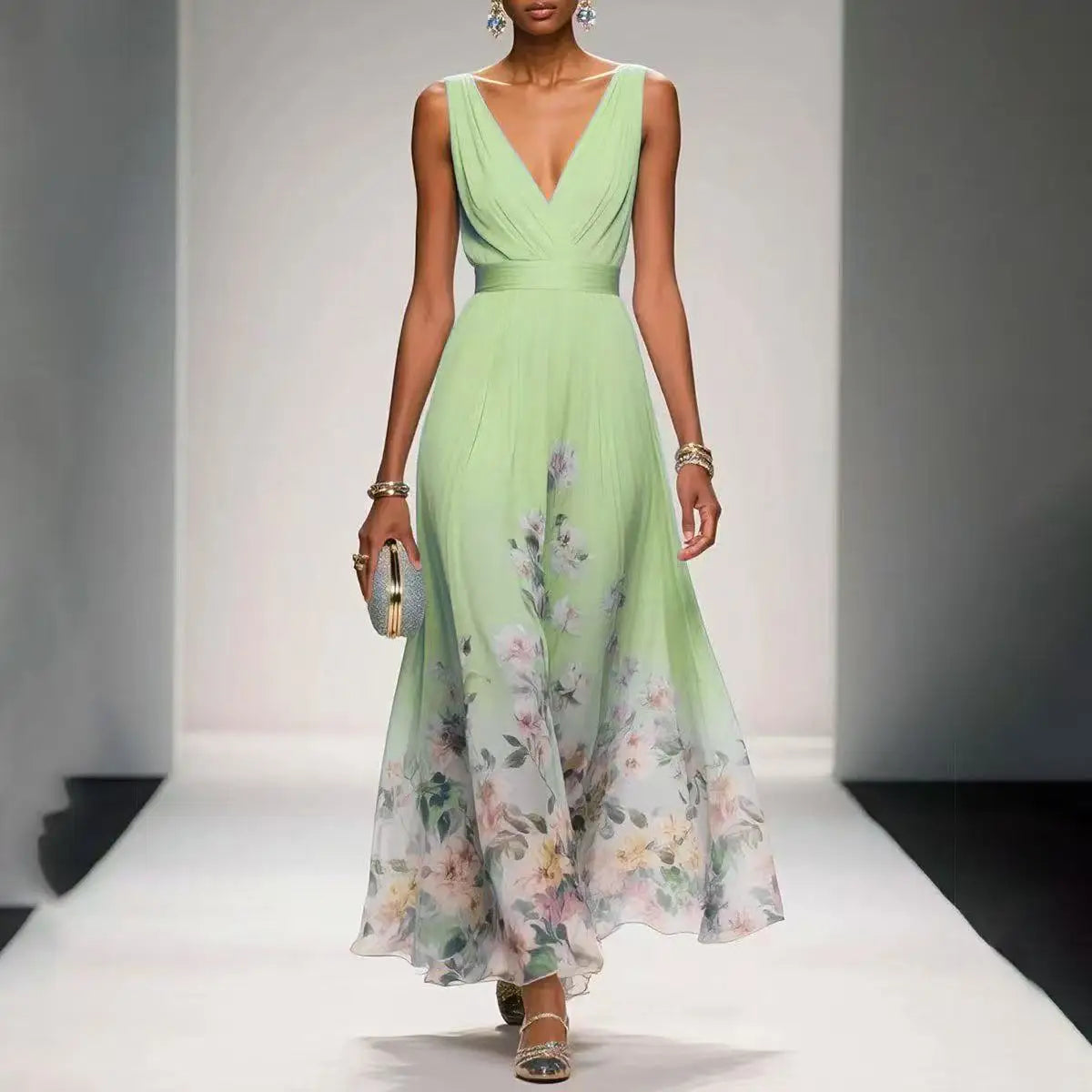Womens Boho Halter Hollow Vacation Dresses Spring Floral Print High Waist A-Line Pleated Dress Summer Sleeveless Long Maxi Dress