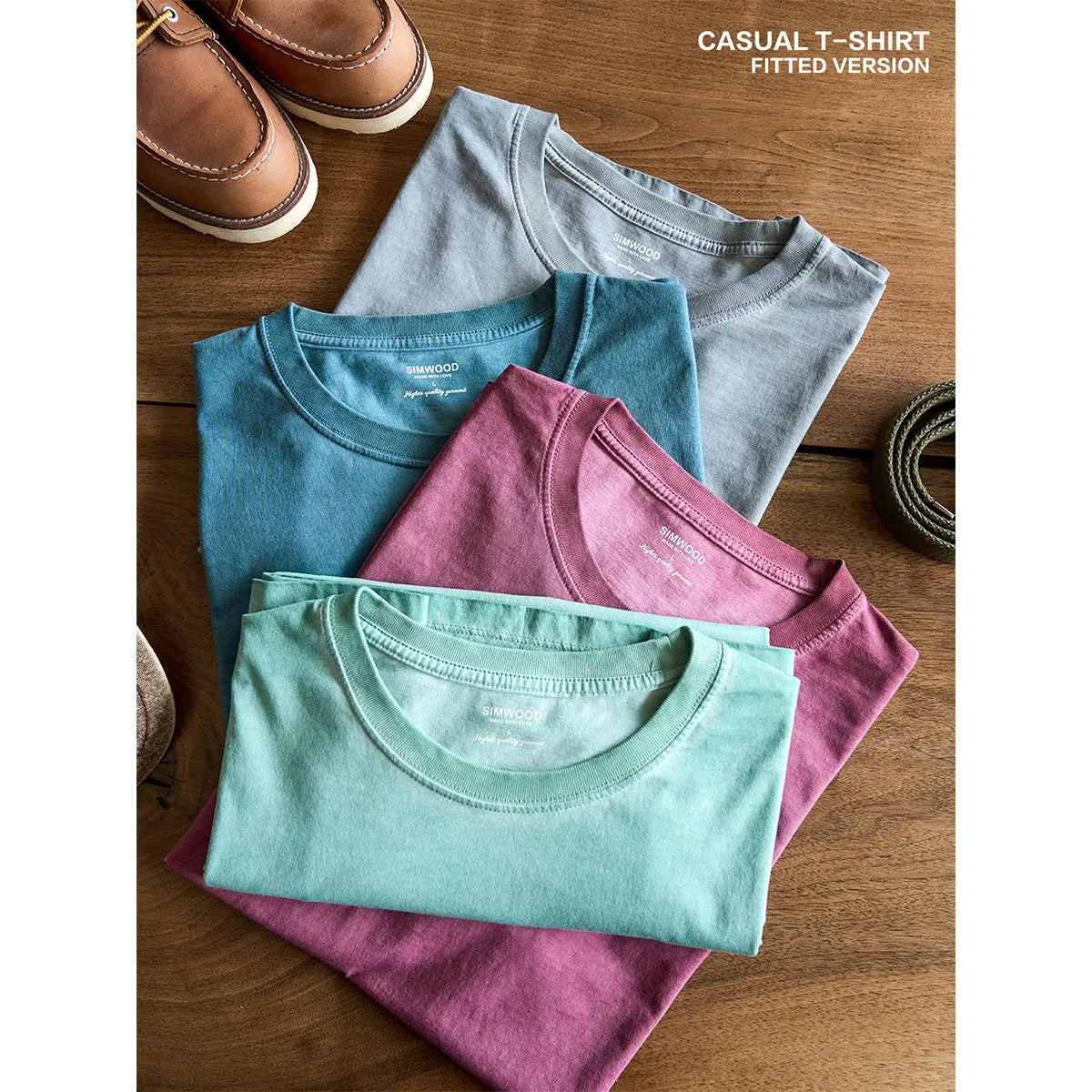 SIMWOOD 2026 Summer Autumn New Washed T-shirts Men Vintage 100% Cotton Tops Plus Size Brand Clothing