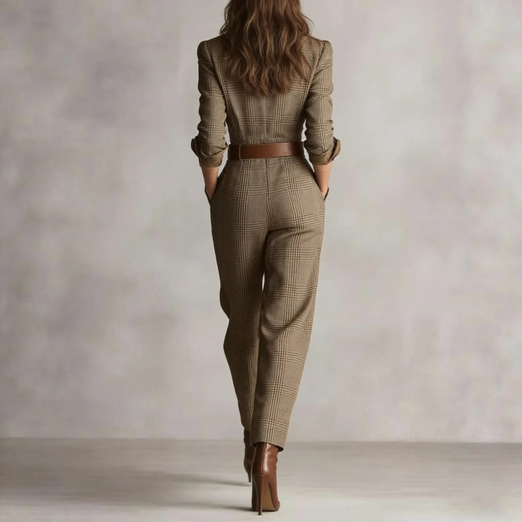 Womens Jumpsuit Beige Plaid Shirt-Style Jumpsuits Belted Wide-Leg Casual Office Jumpsuits 2026 Fashionable Outfit Vestido