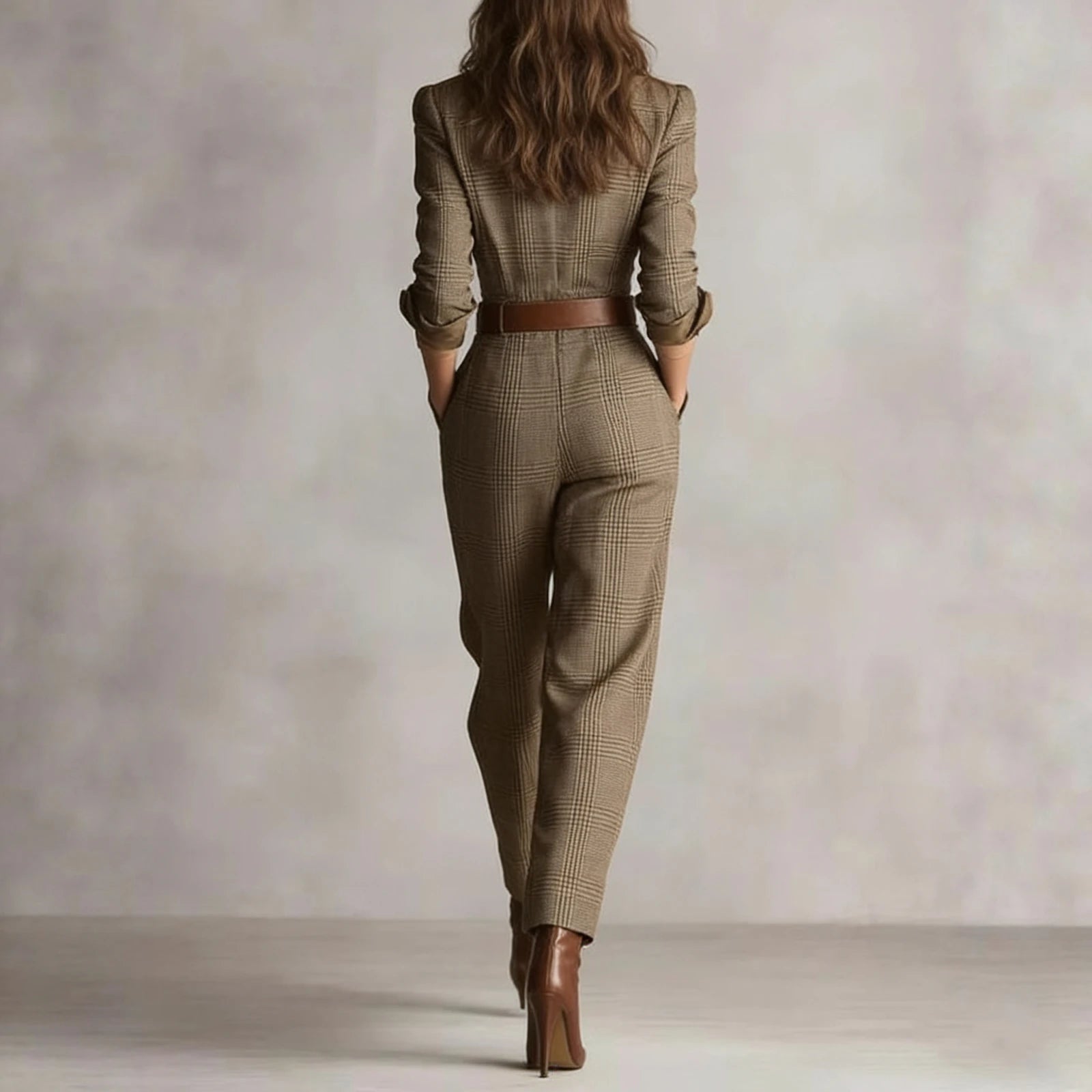 Womens Jumpsuit Beige Plaid Shirt-Style Jumpsuits Belted Wide-Leg Casual Office Jumpsuits 2026 Fashionable Outfit Vestido