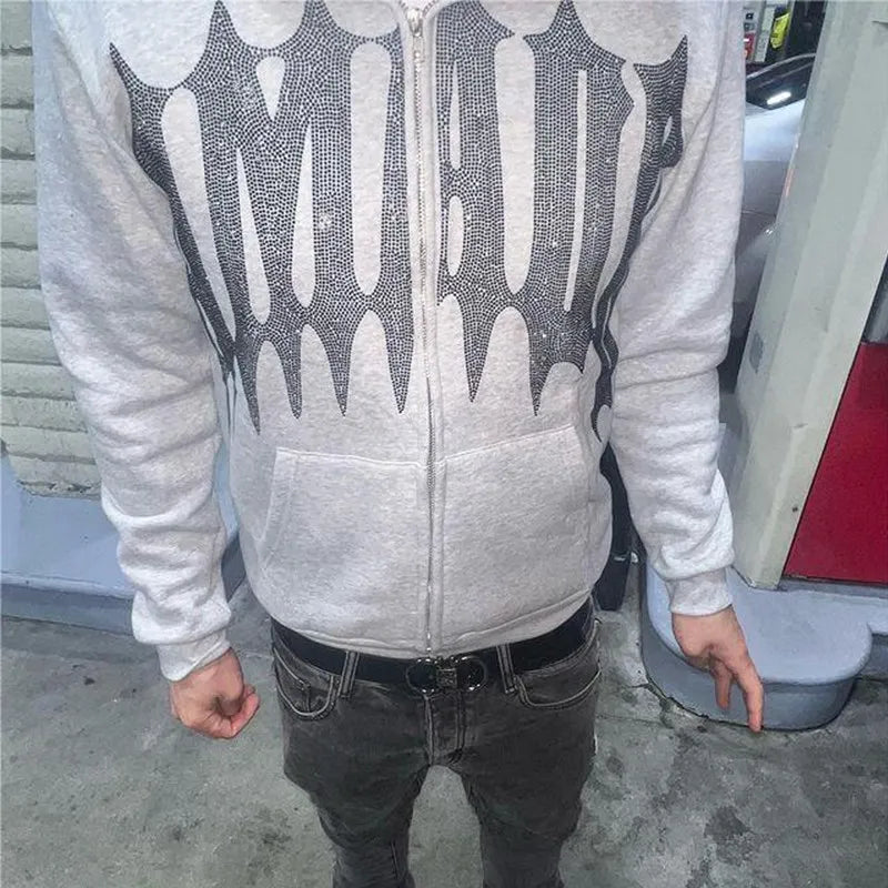 Men Y2K Fashion Hoodie Monster Horn Rhinestones Hoodie Clothes Hoodies Goth Grunge Long Sleeve Women Sweatshirt Oversized Tops