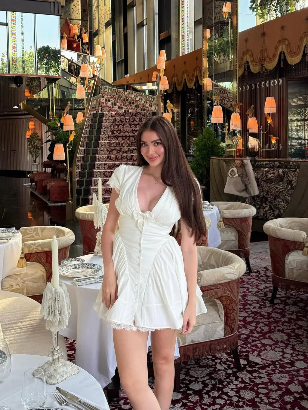YENKYE Sweet Cute White Mini Dress For Pretty Girl Elegant A-line Bow V Neck Summer Dresses Party Robe Vacation Vestidos 2025