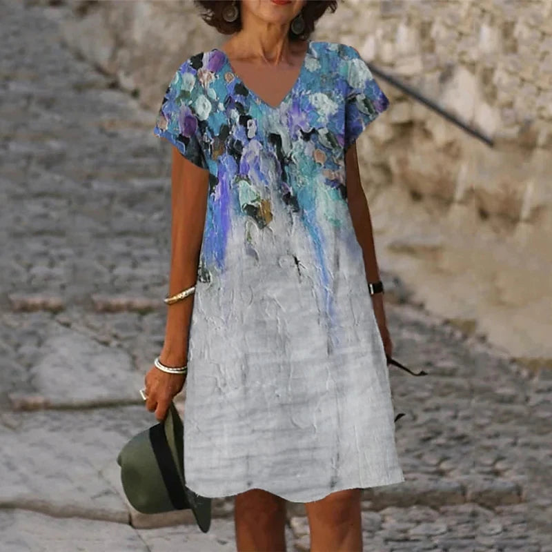 3D Peacock Floral Print Dresses For Summer 2022 New Women Fashion Short Sleeve V-Neck Loose Dress Vintage Oversized Ladies Dress